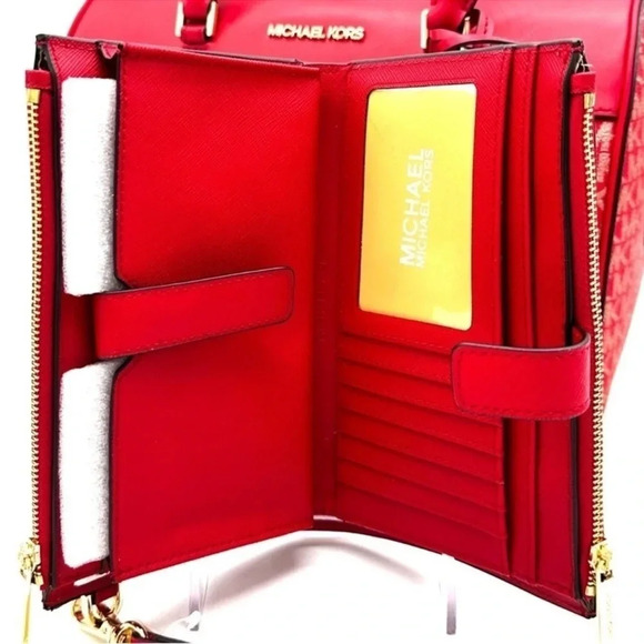 Michael Kors Medium Duffle Satchel Crossbody Bag & Large Double Zip Wallet Red - Picture 13 of 15